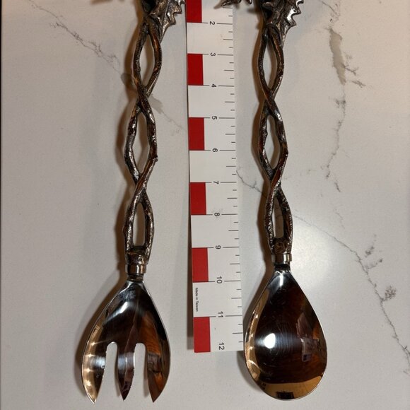 Mud Pie Holly Salad Server Set Of 2  Spoon and Fork Red Berries Heavy Metal 13” - Picture 6 of 6